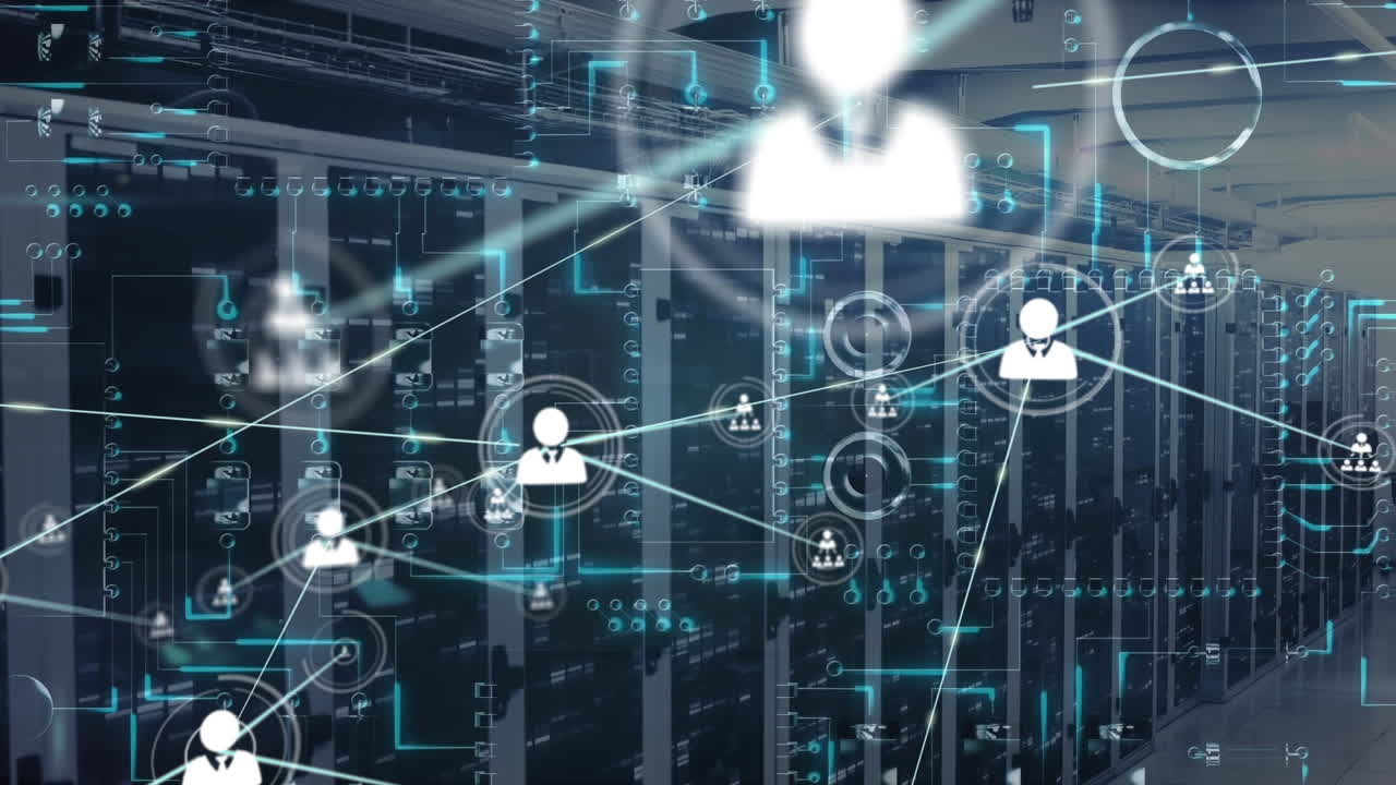 Animation of network of connections with icons over servers