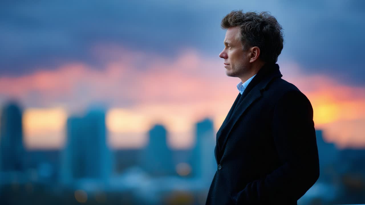A contemplative man gazes into the horizon against a stunning urban sky at sunset, captured in two frames showcasing his thoughtful demeanor and serene environment