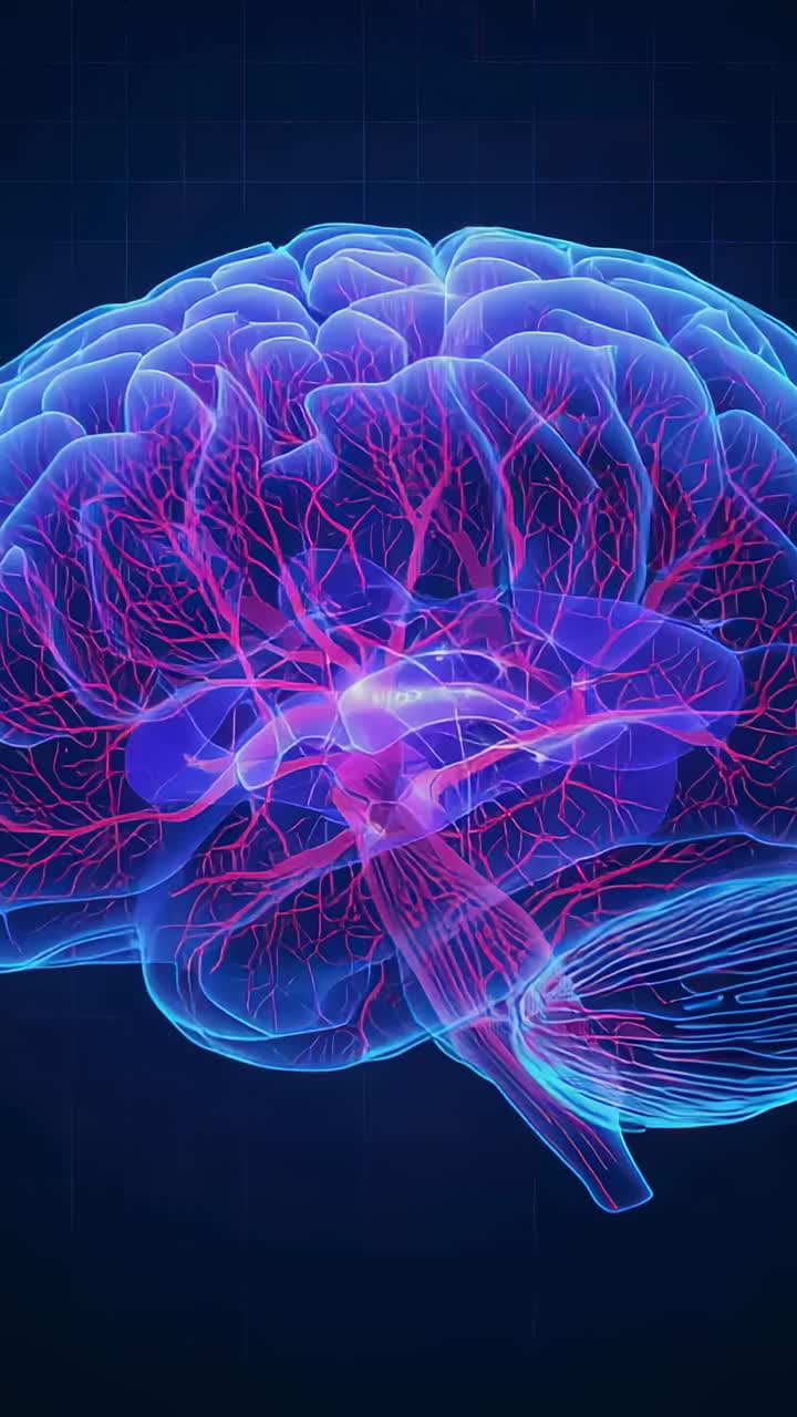 Vertical video: Pulsing 3D brain with core glowing, emitting filaments on grid and showing signals