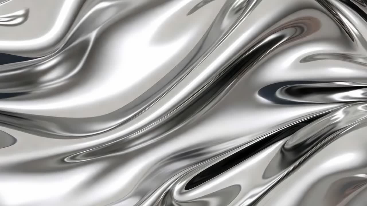 Abstract video of flowing liquid metal texture, captured from a top-down angle, showcasing smooth