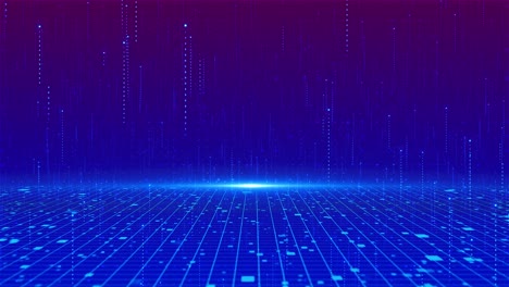 digital animation shows particles over grid surface under glowing blue pink gradient for futuristic