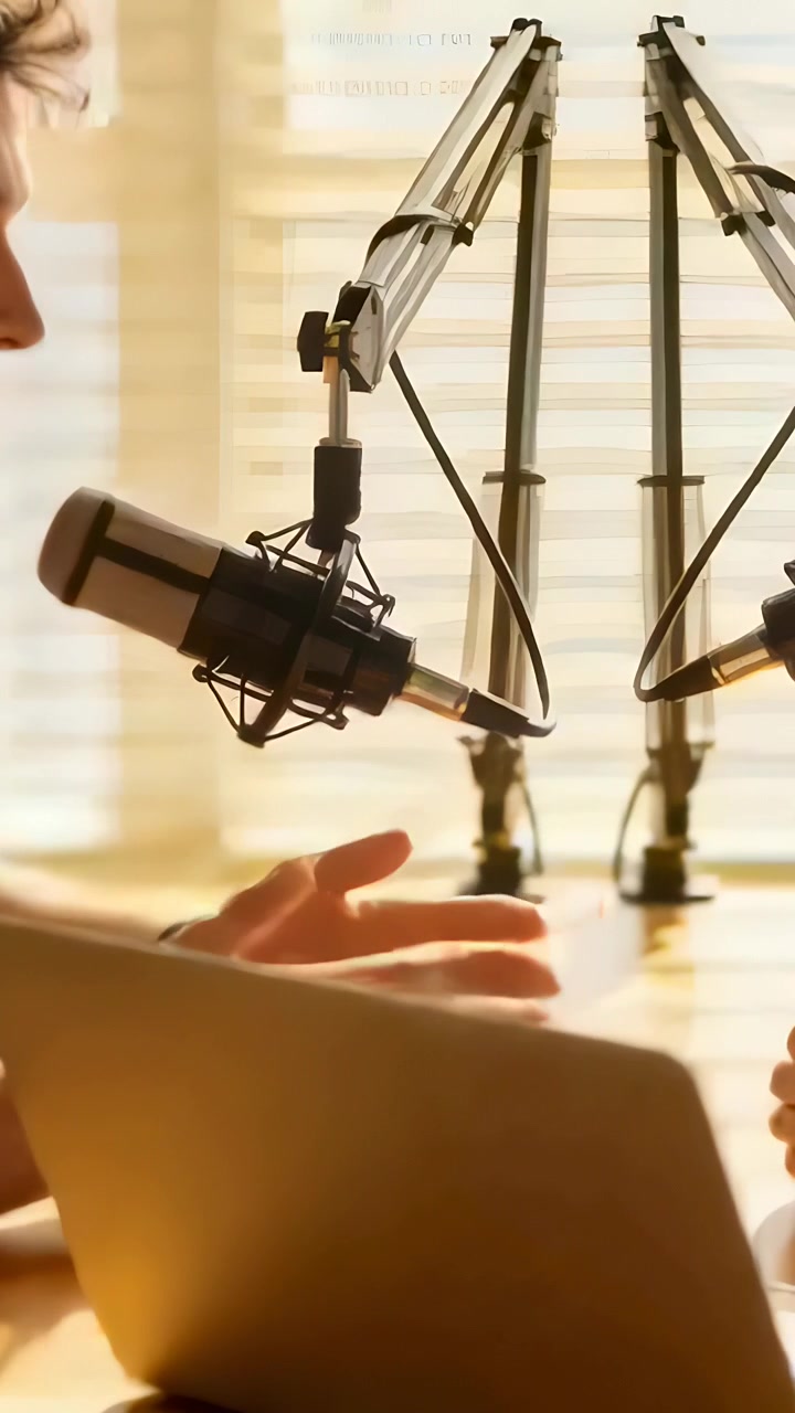 Vertikal video: Optager venstre vært, der taler ved bordet til podcast, mikrofon og bærbar computer, plads til tekst