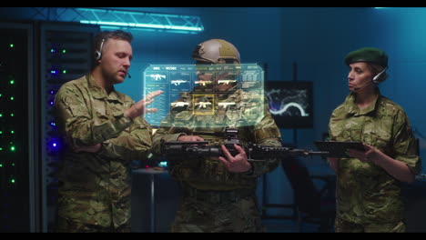 military personnel training session with holographic weapon displays