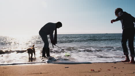 silueta de padre e hijo jugando rompiendo olas en la playa con red y perro
