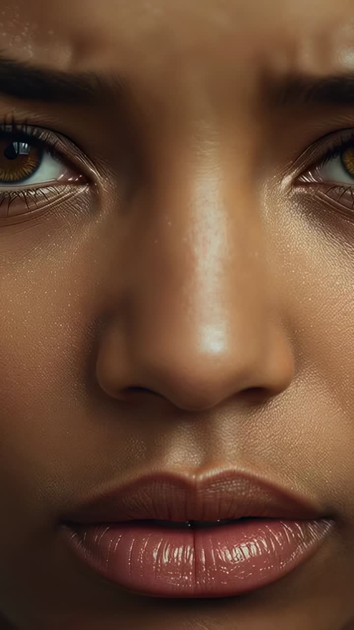 Vertical video: Reacting to camera shift, female face shifting gaze in studio closeup, lip gloss