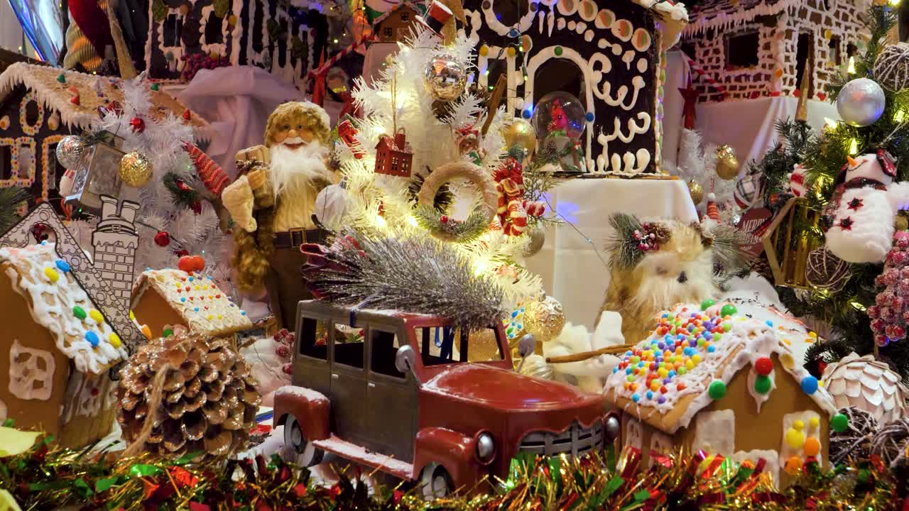 Christmas decorations arrangement, Christmas traditions with Santa Claus, gingerbread houses, candy's, toys, Christmas tree, snowman.