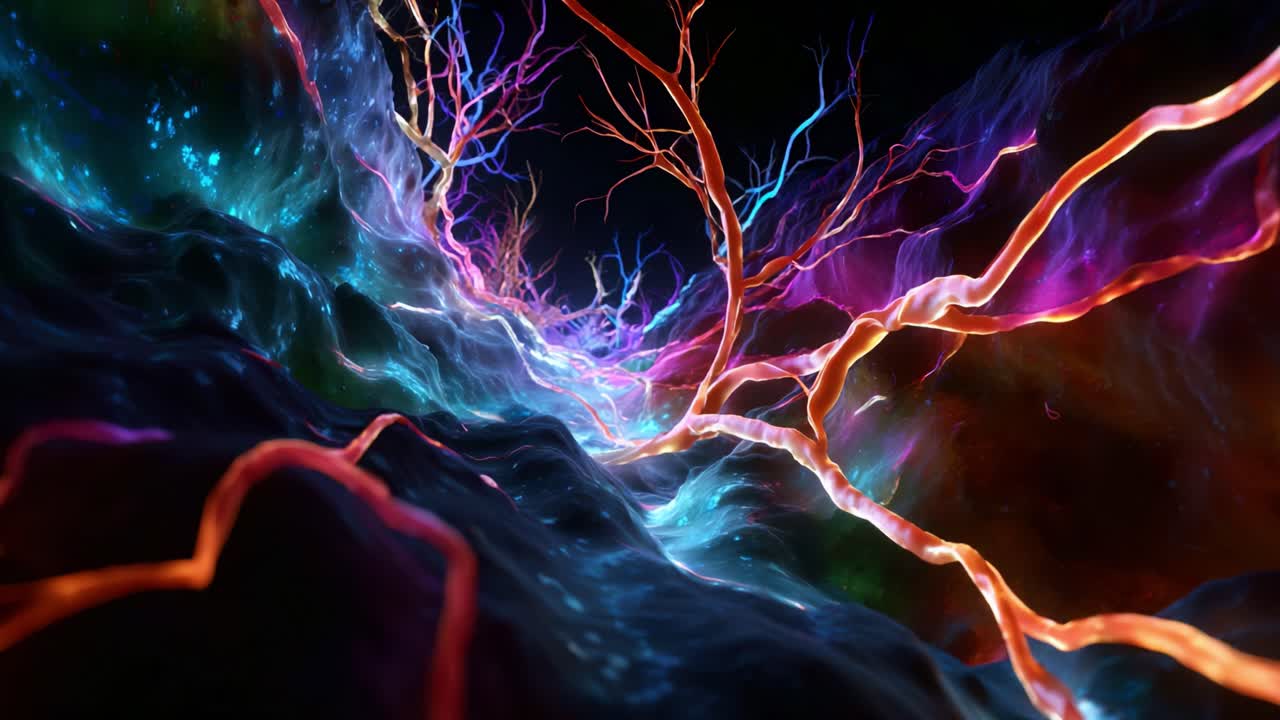 Un intricato viaggio attraverso vivaci percorsi neurali che rappresentano la complessità delle reti neurali in una straordinaria rappresentazione visiva di connessione ed energia