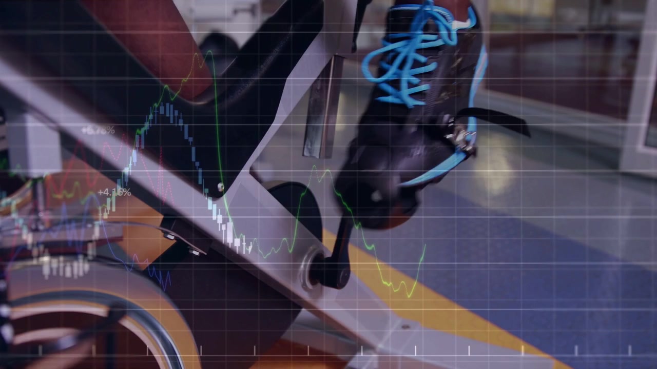 Male gym user pressing pedal and pedaling bike, generating finance charts visualizing performance