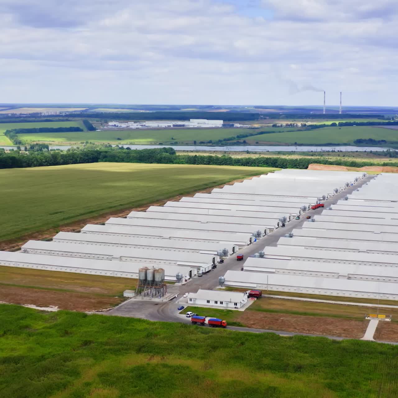 Modern farm in the countryside. White buildings of a farm among beautiful green nature. New poultry factory on a meadow. Aerial view
