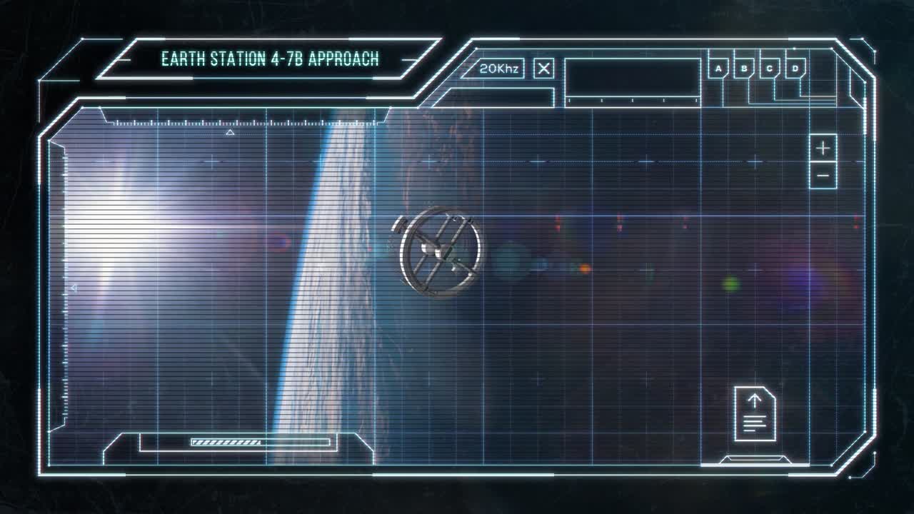 Spinning Space Station in Planet Earth Orbit - Futuristic Computer HUD