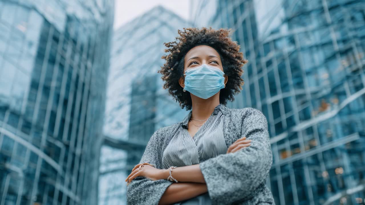 Confident Individual in Mask Against Glassy Skyscrapers: A Portrait of Resilience and Modernity Amidst Urban Architecture