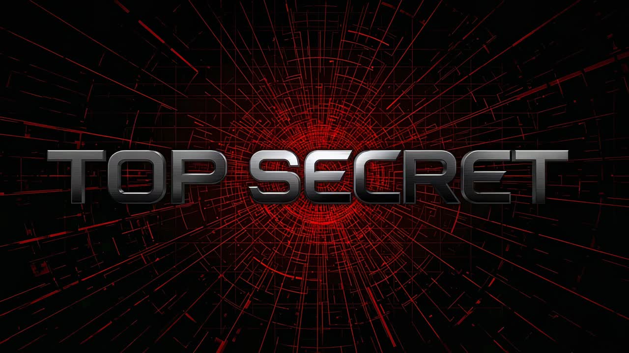 Revealing metal 3D TOP SECRET text drifting left, light starting across title for briefing red grid
