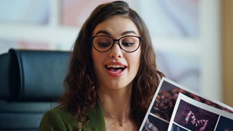 successful business lady talking to web camera close up. woman showing design