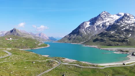 beautiful lake surrounded by majestic mountains under a clear sky in alpine scenery.