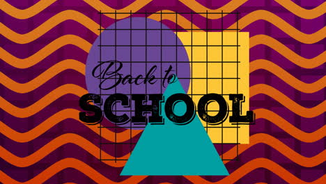 back to school text over abstract shapes against wavy lines on purple background