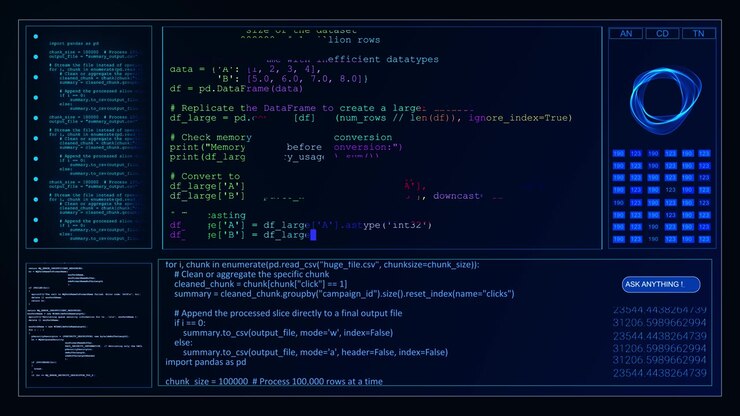 Blue software dashboard presents code fragments dataset tables interface panels button adds