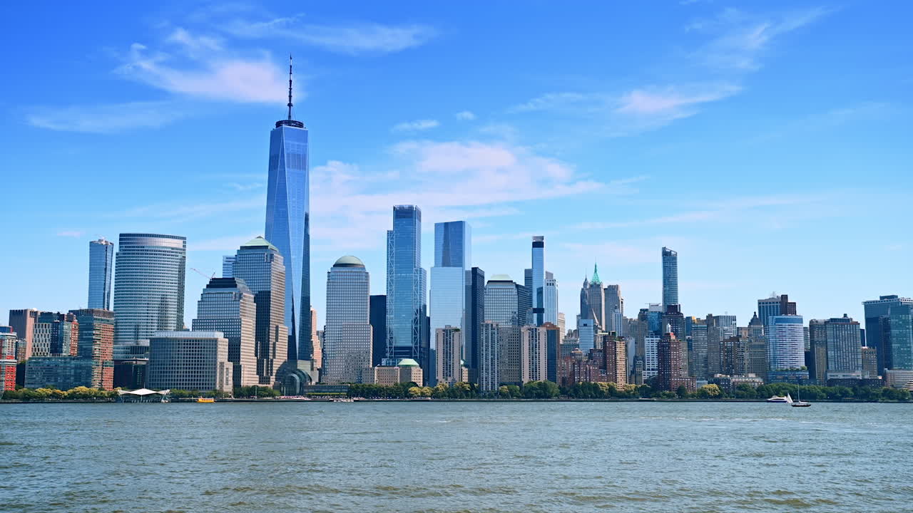 Iconic scenery of Manhattan on the East River waterfront. Watching New York skyline from the side of Jersey City