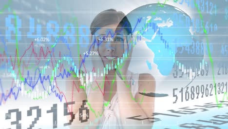 Animation-of-a-stock-market-display-statistics-showing-over-woman-holding-head,-globe-spinning.-