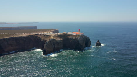 Aerial-view-of-the-Cape-of-Saint-Vicente-lighthouse,-located-on-the-edge-of-the-cliffs-on-the-Vicentine-coast-of-the-Algarve,-Portugal