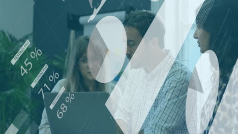 Animation of infographic interface over diverse coworkers discussing reports on laptop in office