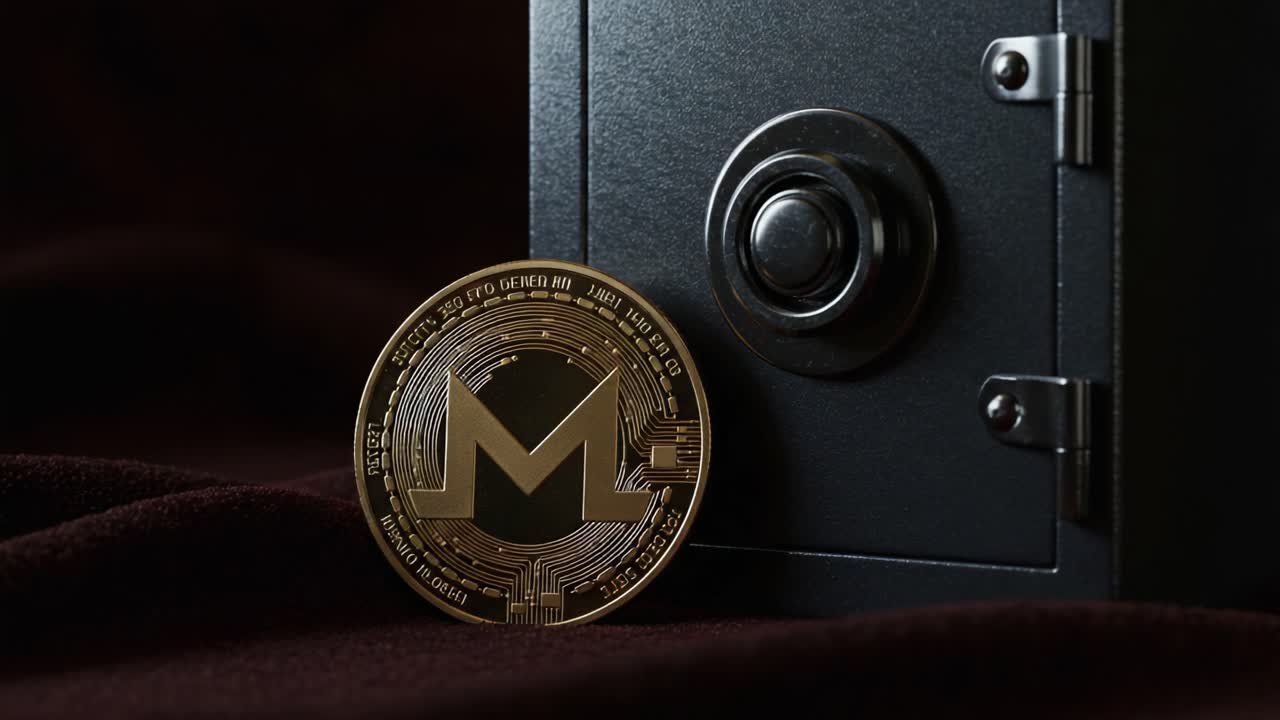 A Close-Up View of a Golden Cryptocurrency Coin Resting Beside a Vault Safe, Symbolizing Security and Investment in Digital Currency Assets