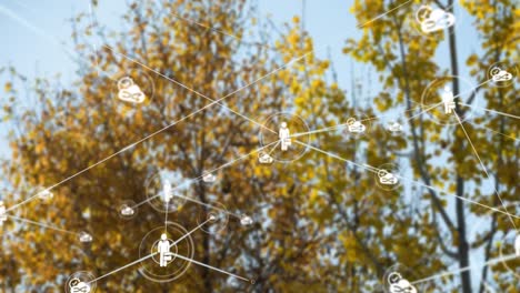 Animation-of-network-of-digital-icons-over-tall-trees-against-blue-sky