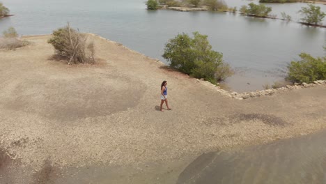 a helix aerial of a model standing at a salt lake on the dutch caribbean island of curacao