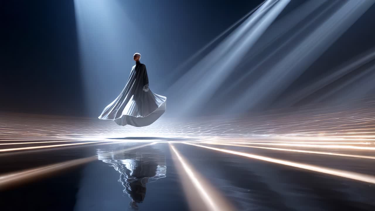 A captivating figure in a flowing cape hovers gracefully amidst striking beams of light and reflective surfaces, creating a mesmerizing visual tableau that enchants the viewer's senses