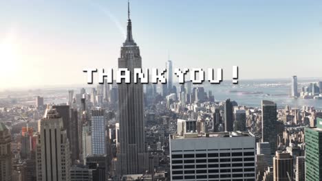 animation of white pixel text thank you, over modern cityscape