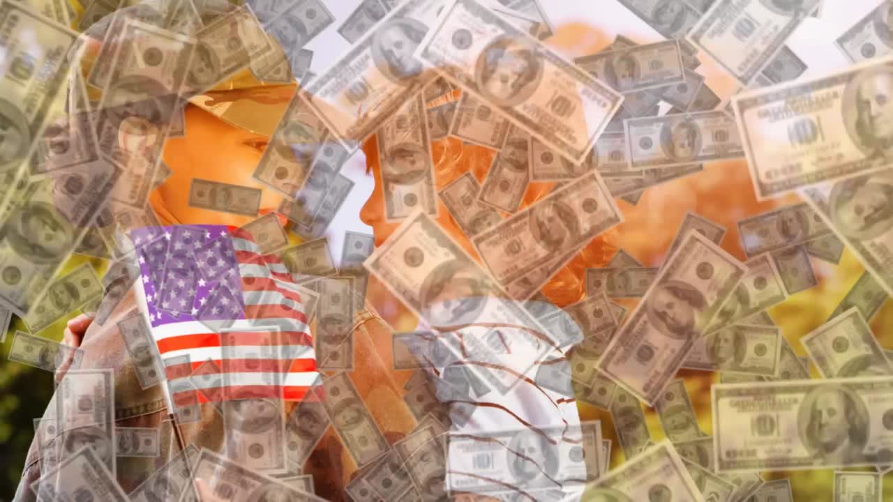 아들을  ⁇ 안고 있는 여성 군인 위에 떨어지는 달러들의 애니메이션