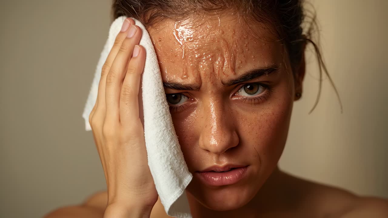 Blotting adult woman pressing white towel to left temple after sweating in studio, easing moisture