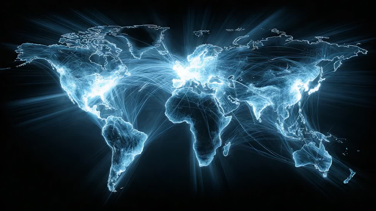 Illuminated World Map: A Stunning Visualization of Global Connectivity and Data Flow Across Continents in a Dark Background