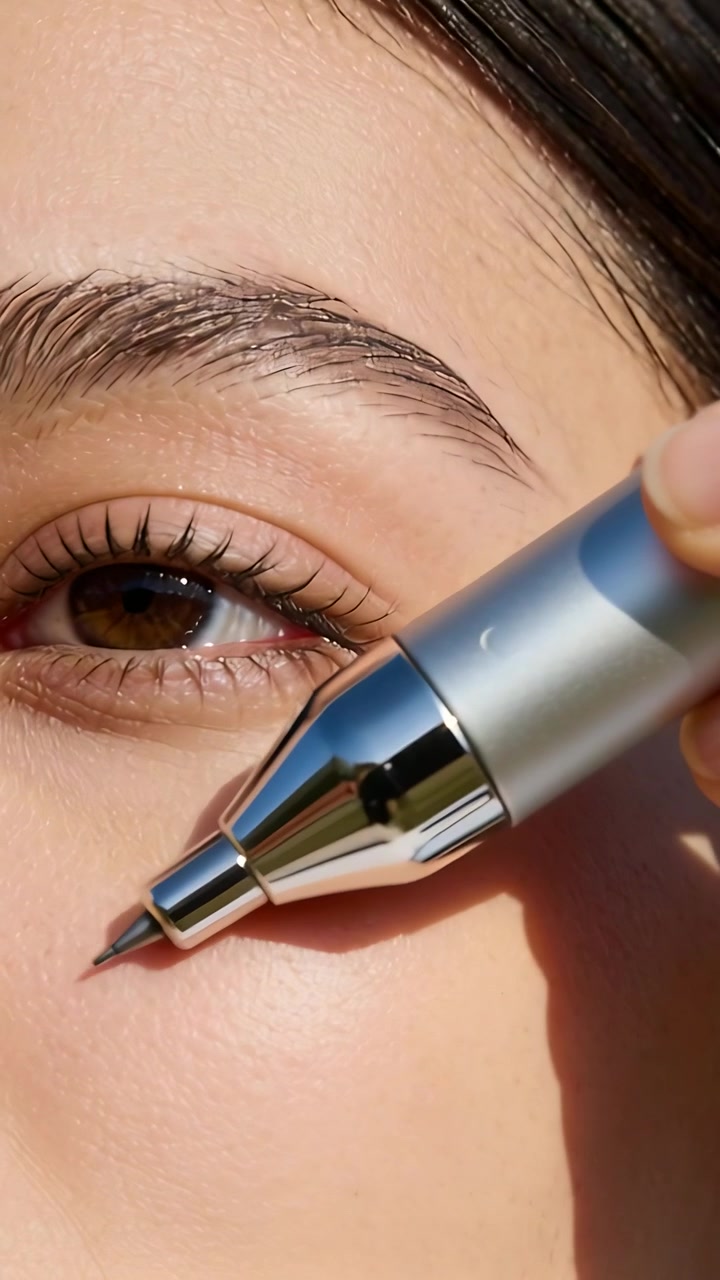 Vertikales Video: Eine Hand bewegt einen Chromstift im Sonnenlicht zum rechten Auge einer Frau, um die Haut zu überprüfen.