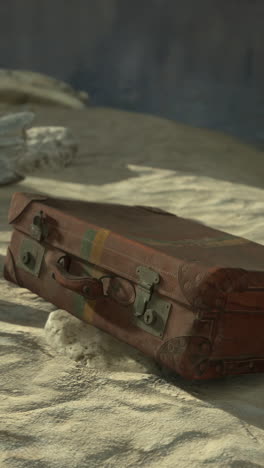 vintage leather suitcase on sand