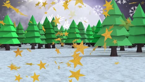 Animation of stars and snowflakes over winter landscape with fir trees