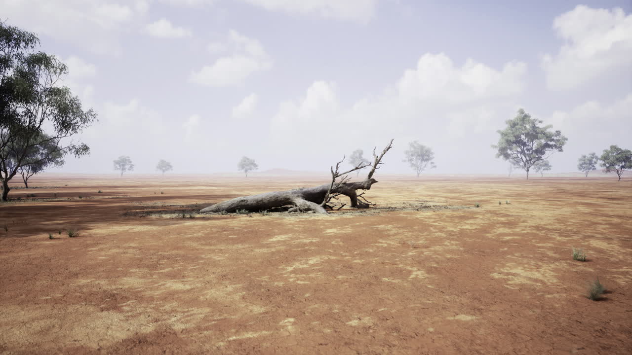 Dried landscape featuring a fallen tree in a vast arid environment