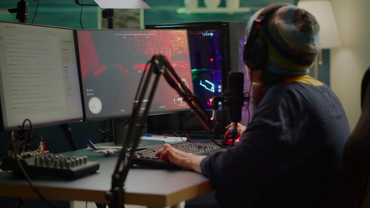 fps 비디오 게임을 즐기고 팀 동료들과 대화하는 스트리머