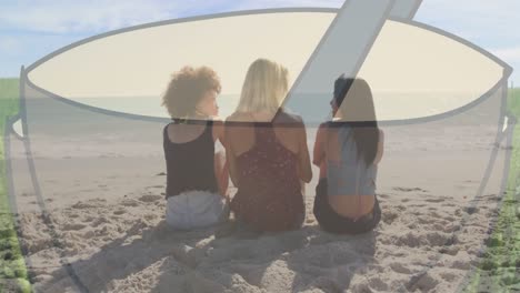 animation of coffee cup against rear view of diverse three women sitting together at the beach