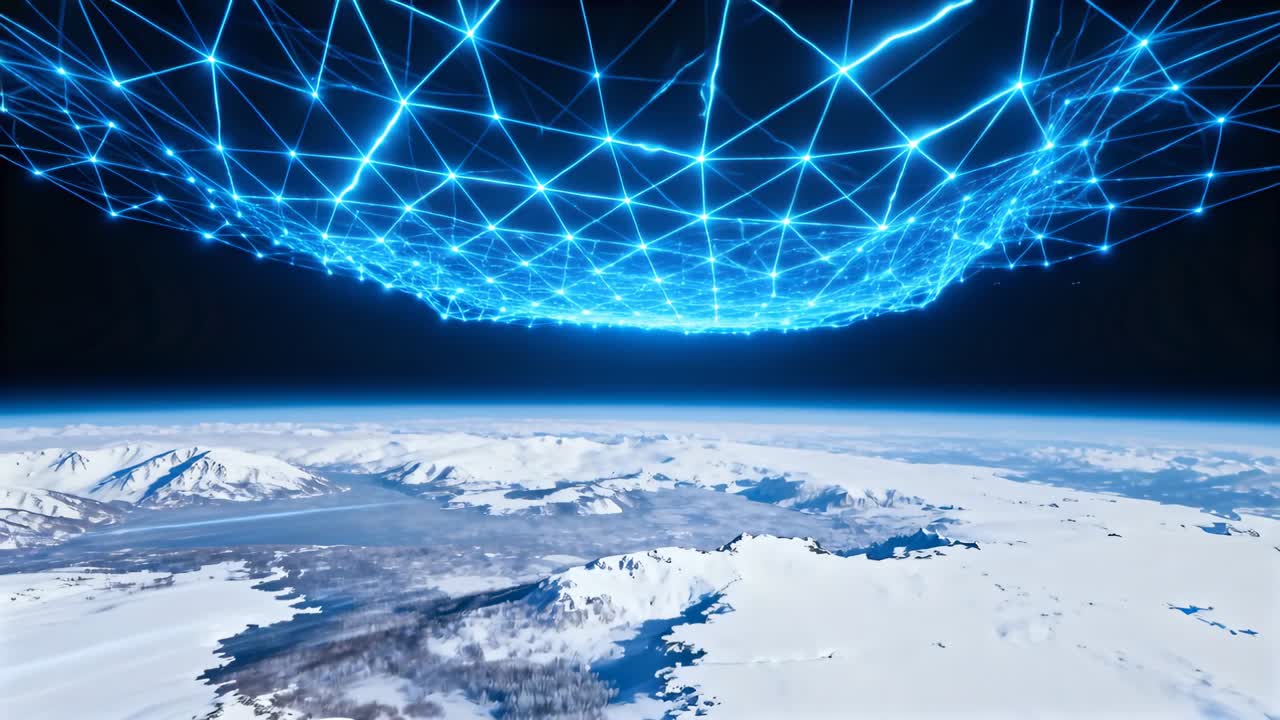 Una maglia blu luminosa sospesa scansiona una superficie polare innevata mentre la telecamera avanza, mappando l'orizzonte.