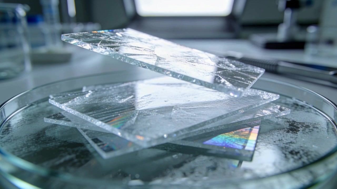 Stigende fra fordampende dråber, revnede glasobjektglas der vipper på laboratoriebordet, iriserende petriskål