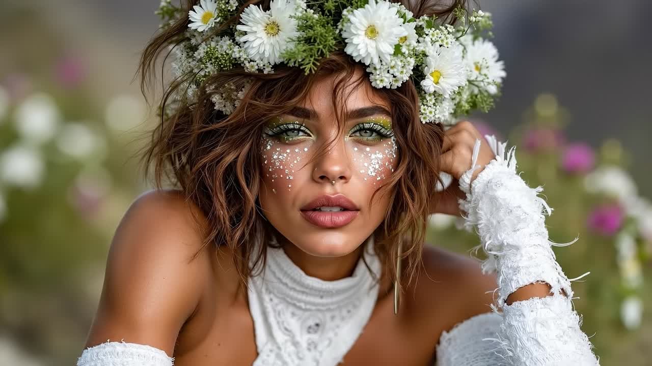 A woman wearing a white dress and a flower crown on her head