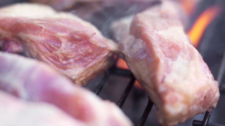 Makro Gerak Lambat Daging yang Dipanggang di atas Panggangan BBQ yang Berapi-api dan Berasap.