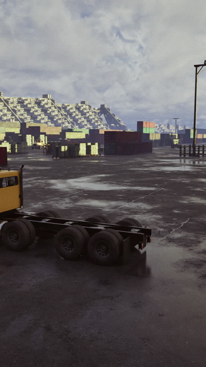 Container yard with yellow truck at industrial site during cloudy weather