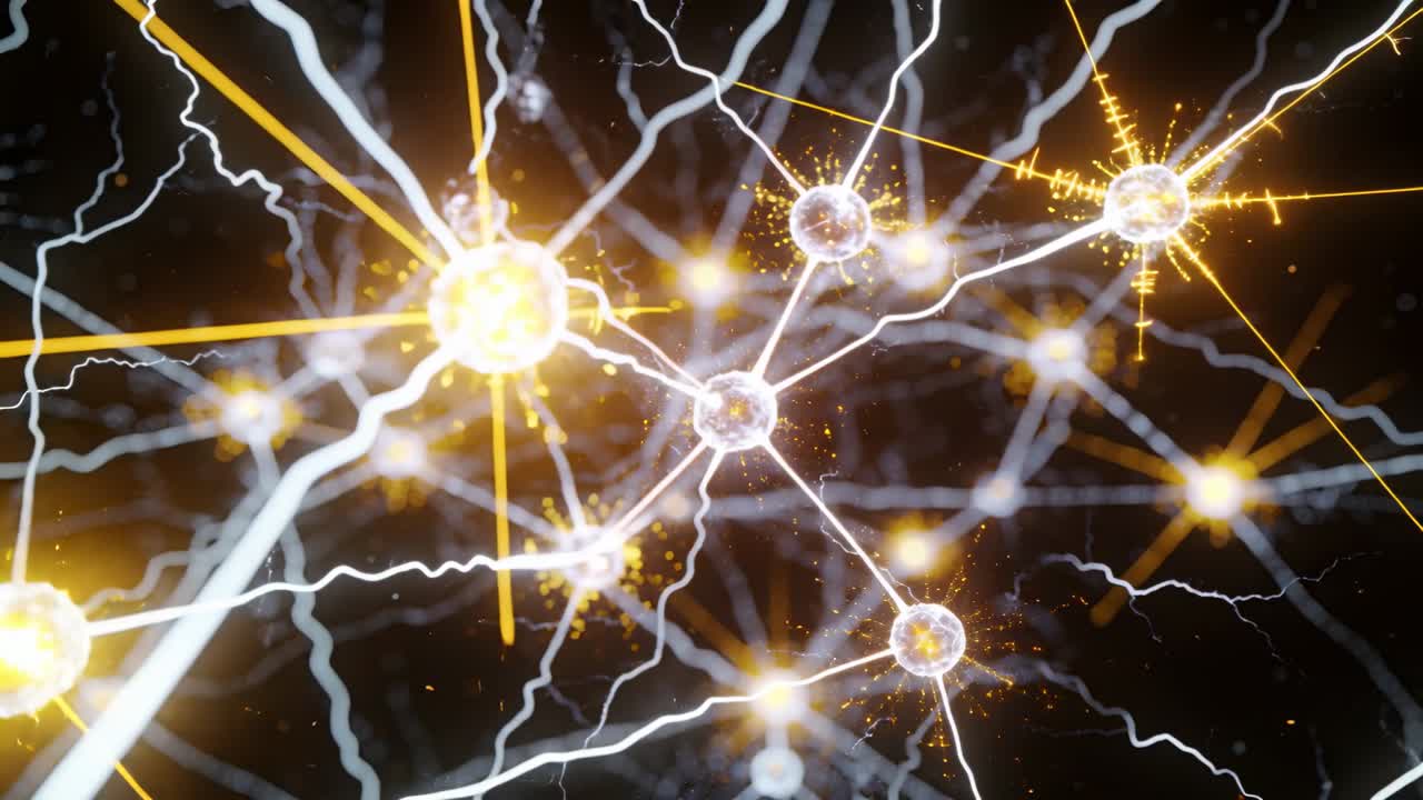 Pulsing central node starting cascades along bright filaments in void, with golden beams and sparks