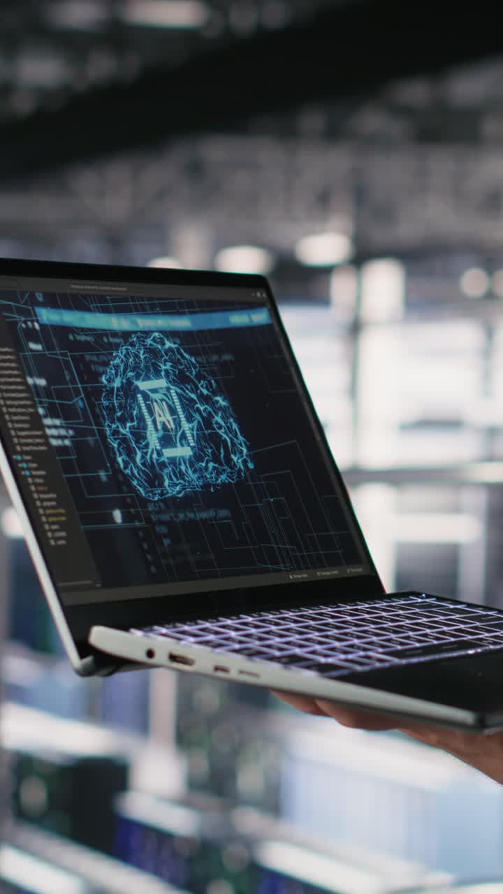 Vertical video Close up of IT specialist in server room doing AI deep learning automatization
