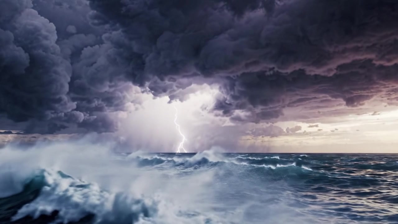 Un paysage marin dramatique capturant des nuages d'orage sombres, des vagues déferlantes et des pluies torrentielles, évoquant la puissance brute et la beauté de la nature dans une scène côtière menaçante.