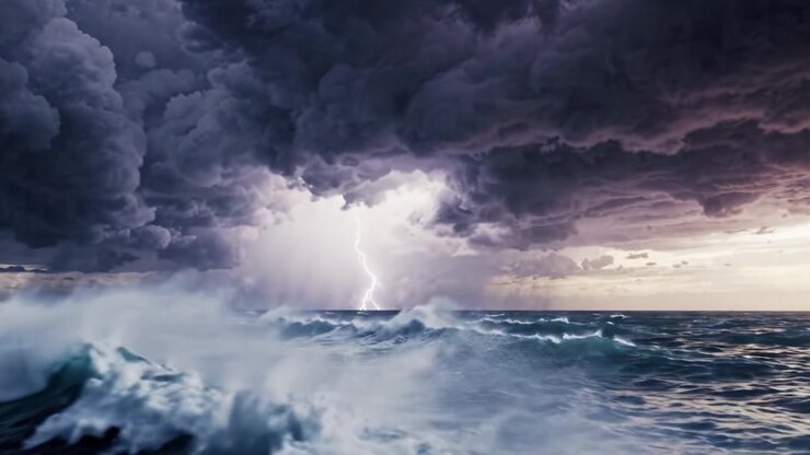 Un paysage marin dramatique capturant des nuages d'orage sombres, des vagues déferlantes et des pluies torrentielles, évoquant la puissance brute et la beauté de la nature dans une scène côtière menaçante.
