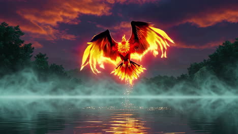 fiery phoenix rising over a misty lake