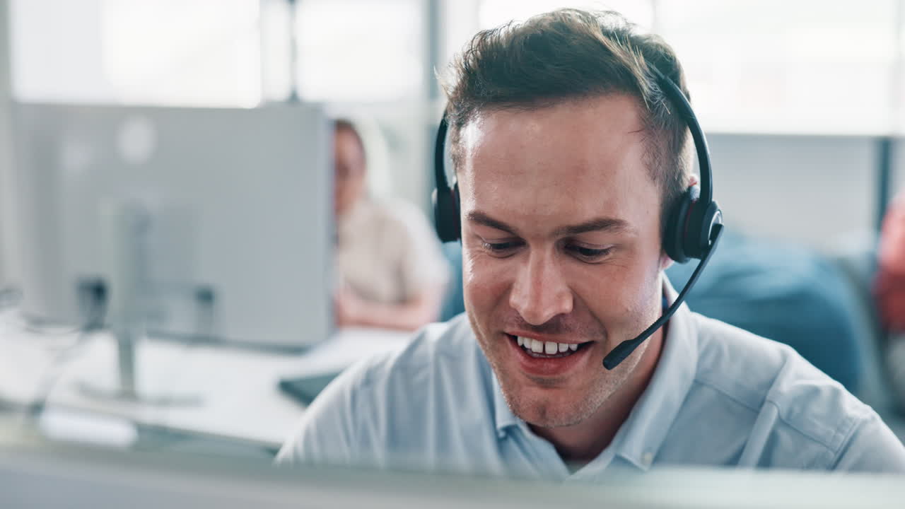 Call center, business man and smile for success