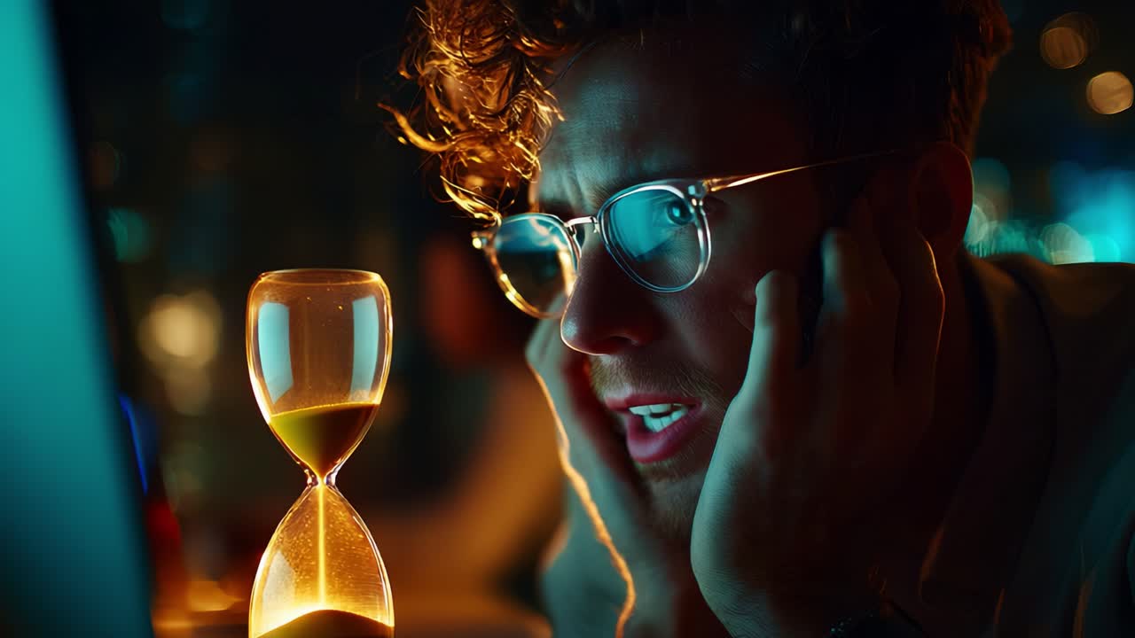 A Young Man Contemplating Time and Decisions While Staring at an Hourglass, Captured in a Thought-Provoking Moment of Reflection and Anticipation Amidst a Dimly Lit Background